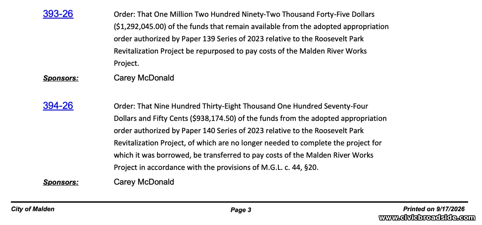 City Council agenda item for the Roosevelt Park fund transfer