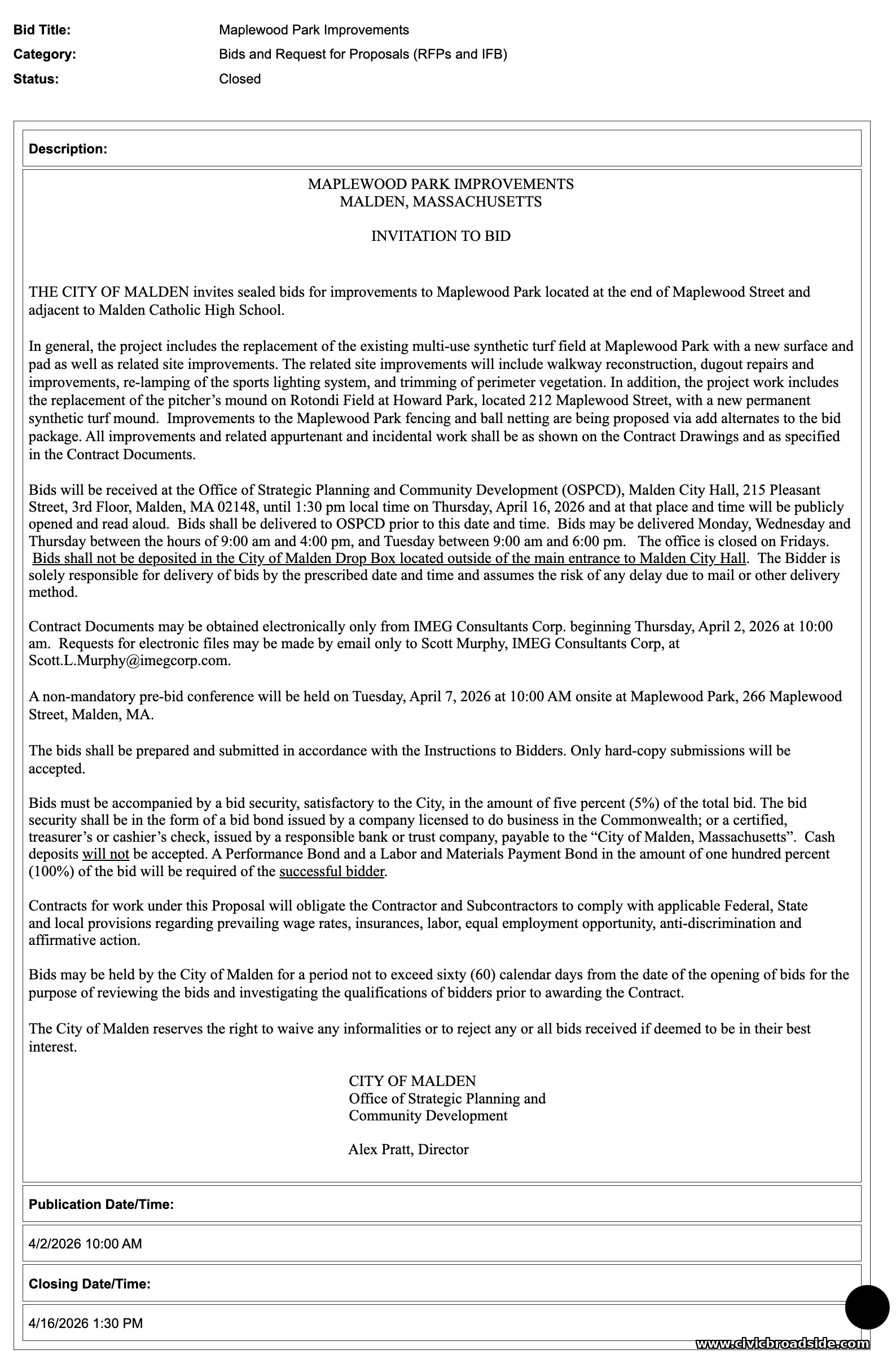 Bid documentation for the Maplewood Park project