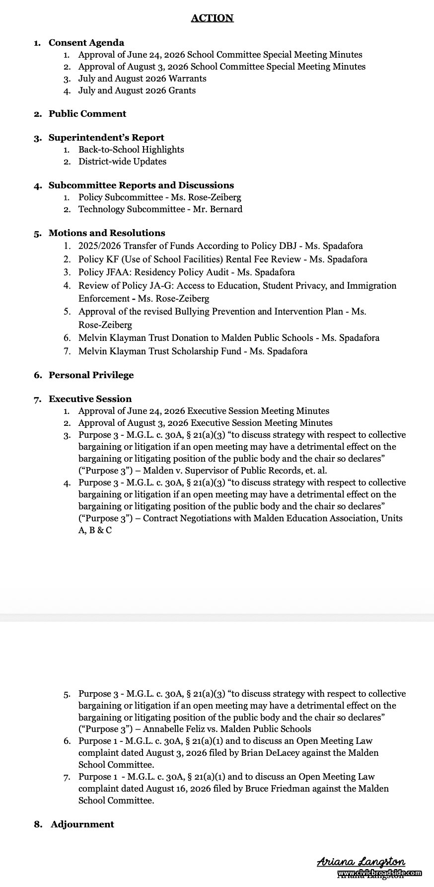 The August 31, 2026 School Committee agenda, showing the seven-item Executive Session docket
