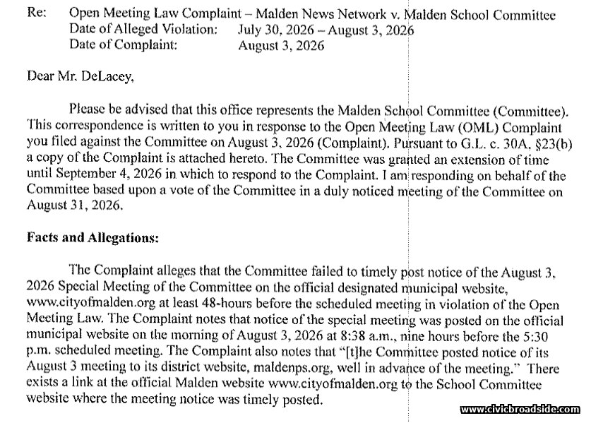 Opening page of the Committee attorney's response to the OML complaint, addressed to Brian DeLacey