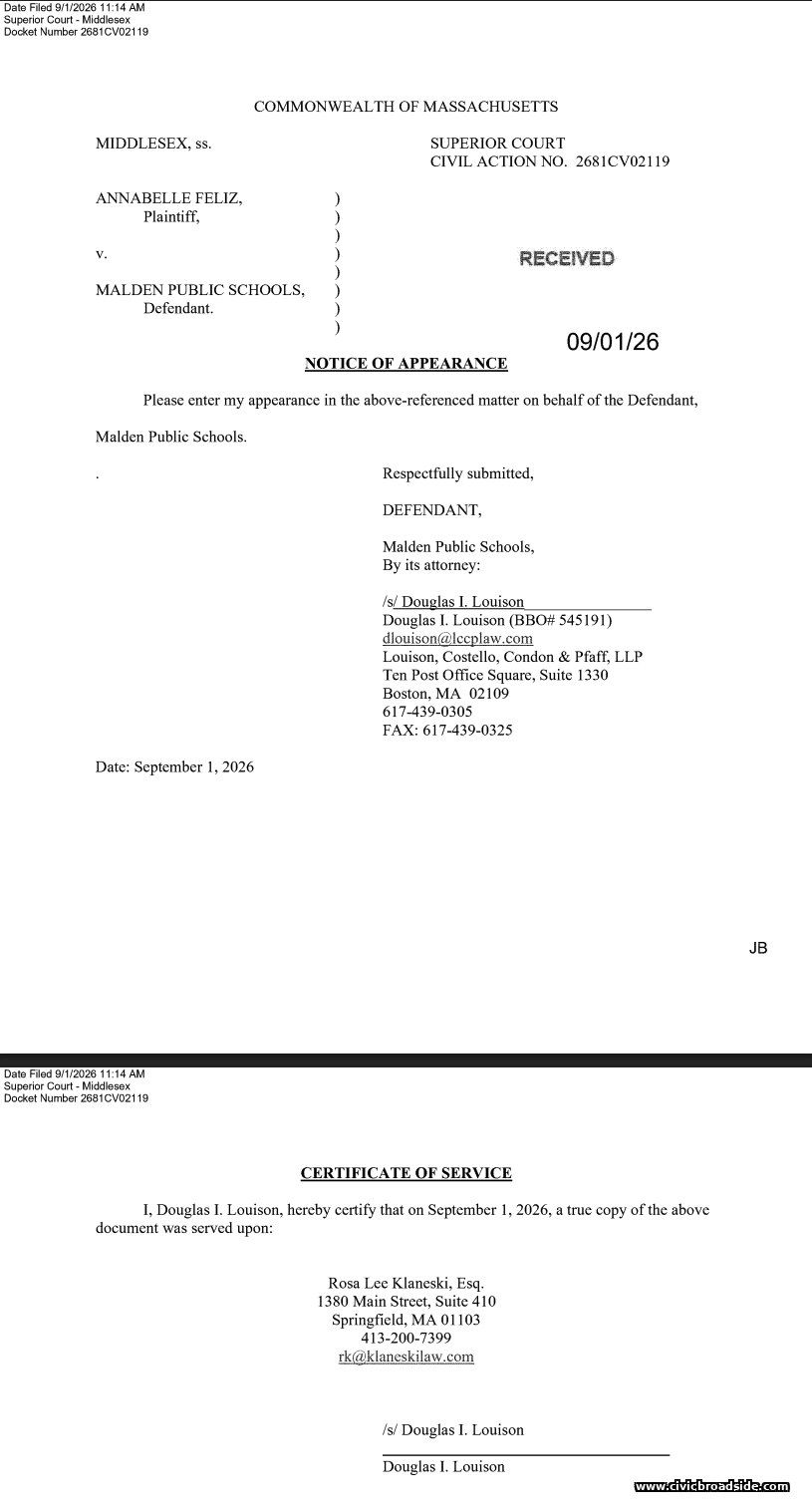 Notice of Appearance filed by Douglas I. Louison on behalf of Malden Public Schools