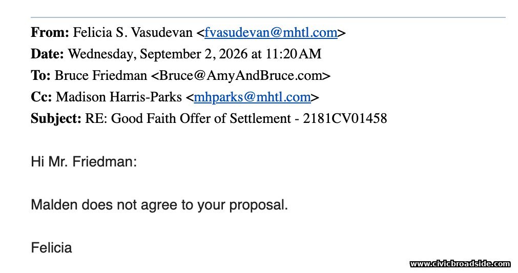 Email from Committee attorney Felicia S. Vasudevan declining a settlement offer from Bruce Friedman