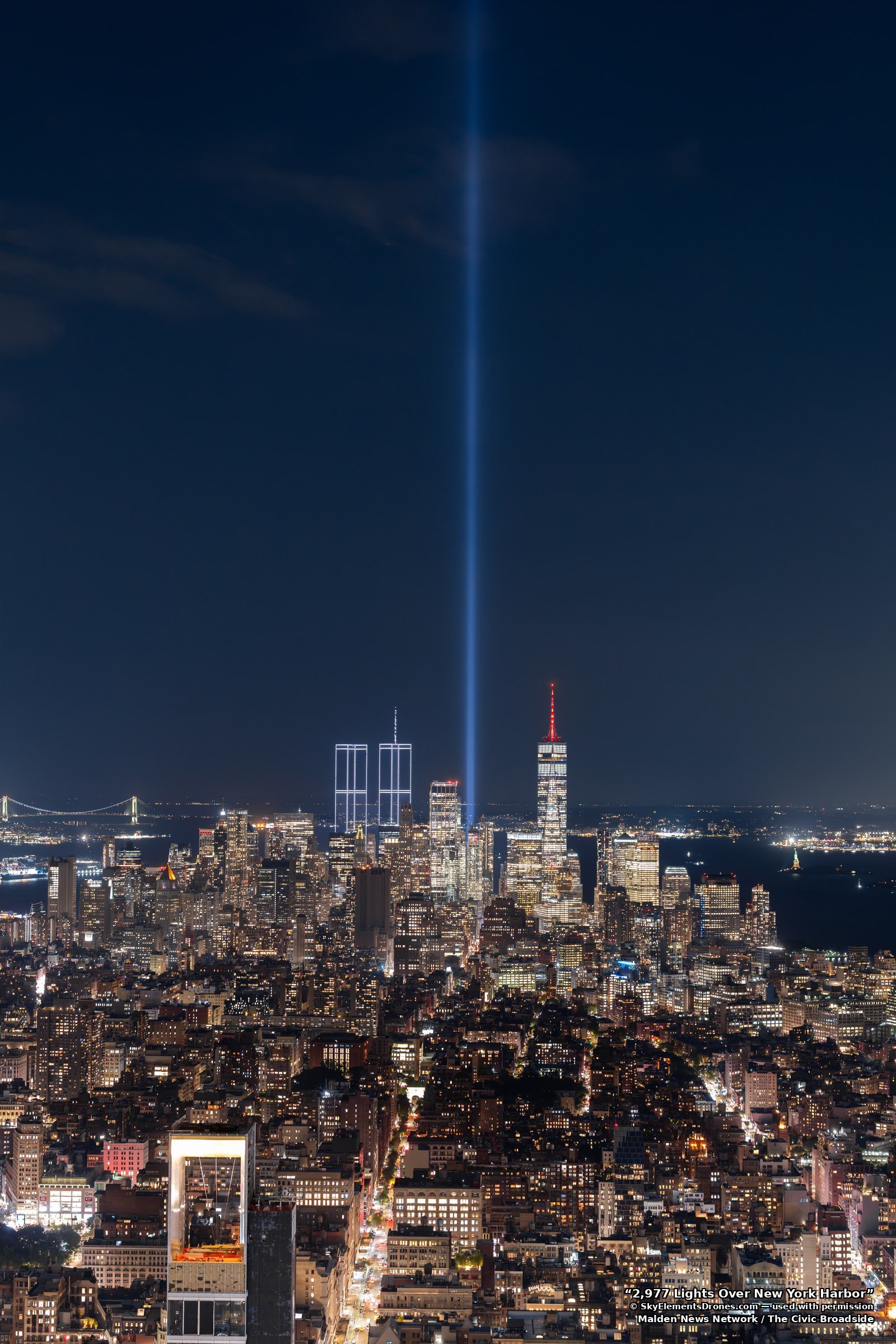 The drone-reconstructed Twin Towers, viewed facing south over Midtown Manhattan