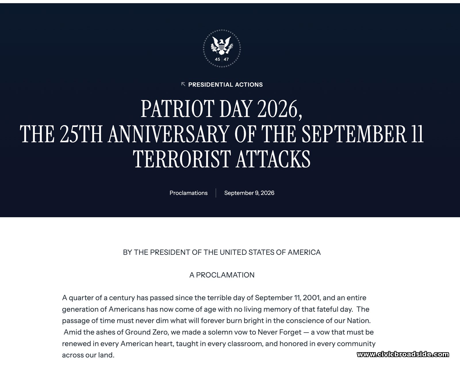 White House proclamation, Patriot Day 2026, the 25th anniversary of the September 11 terrorist attacks