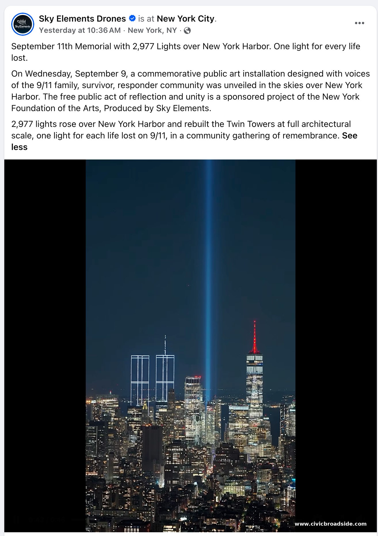 Facebook post from Sky Elements Drones showing the September 11th Memorial drone display over New York Harbor