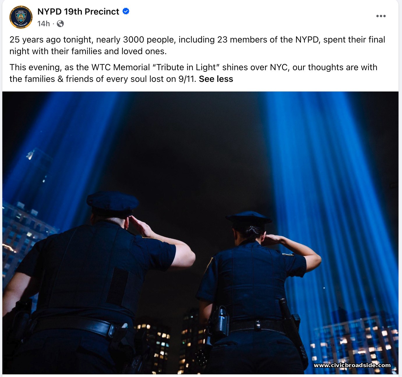 Facebook post from the NYPD 19th Precinct showing two officers saluting the Tribute in Light memorial