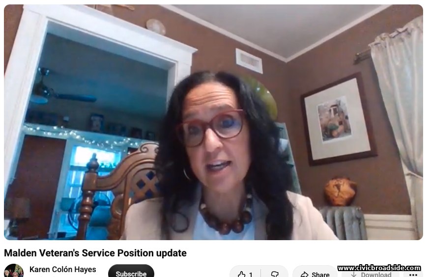 Screenshot of Councillor Karen Colón Hayes' August 12, 2026 YouTube video, 'Malden Veteran's Service Position update'