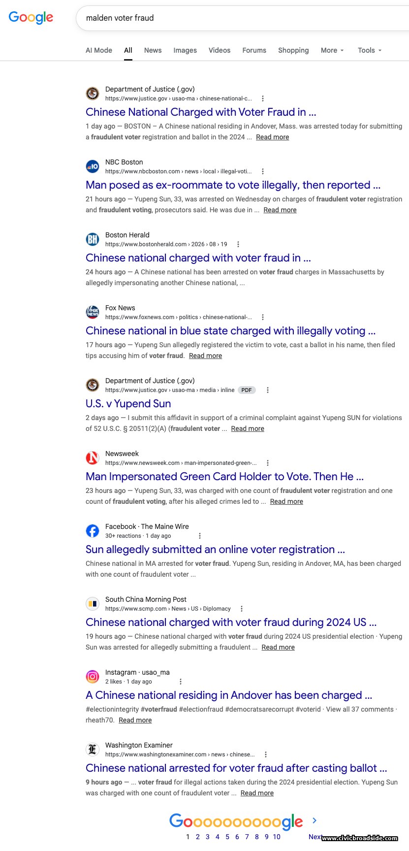 Google search results for 'malden voter fraud' showing coverage from Patch, Daily Signal, Epoch Times, voz.us, and other outlets